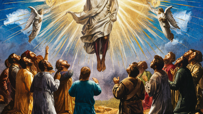 A radiant Jesus ascends amidst worshipping disciples, surrounded by heavenly light and angels.