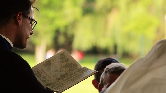 Eine Person liest im Freien ein Buch, während andere in einer ruhigen Parkatmosphäre in der Nähe sitzen.