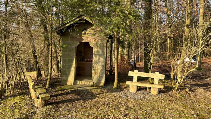 Ein kleiner Schuppen mit zwei Bänken im Wald