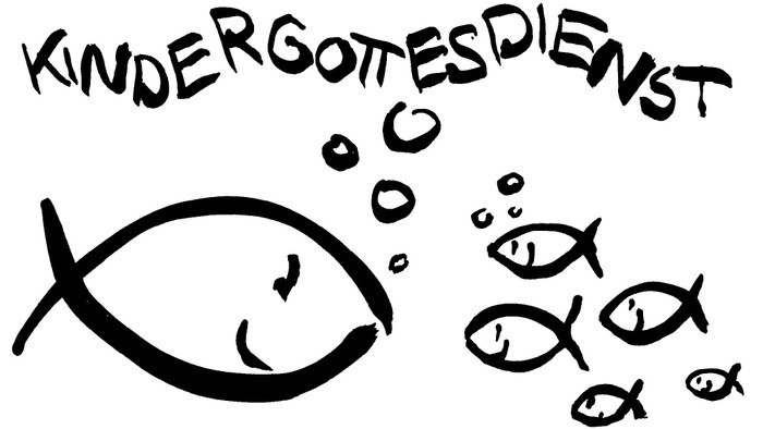 Das Bild zeigt eine kindliche Zeichnung von Fischen und dem Wort 