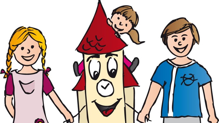 Drei Kinder halten ein Haus mit Gesicht und rotem Dach.