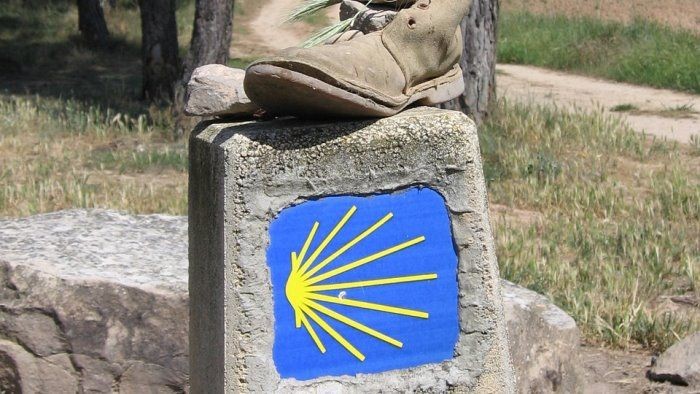 Pilgersymbol der Jakobsmuschel auf einem Stein