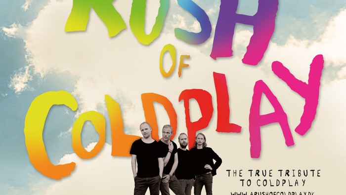 Omslag til en hyldestband til Coldplay med farverig tekst og bandmedlemmer, der poser udendørs.