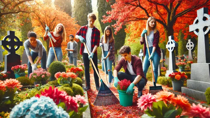 Eine Gruppe von Menschen pflegt gemeinsam einen Friedhof im Herbst.