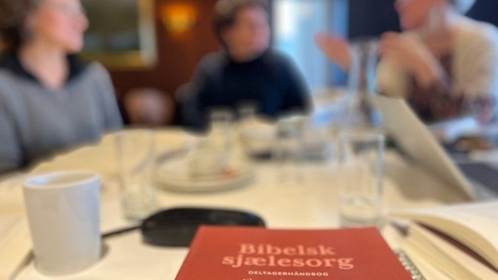 En gruppe af mennesker sidder ved et bord med mad og drikkevarer, mens en rød menu med