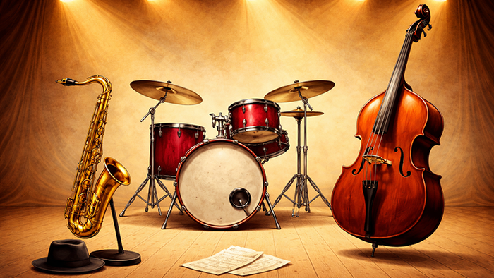Auf einer beleuchteten Bühne stehen drei Musikinstrumente nebeneinander: ein Schlagzeug in der Mitte, links ein Saxophon auf einem Ständer und rechts ein Kontrabass. Das Schlagzeug besteht aus Bassdrum, Snare, Toms und Becken und ist frontal ausgerichtet.