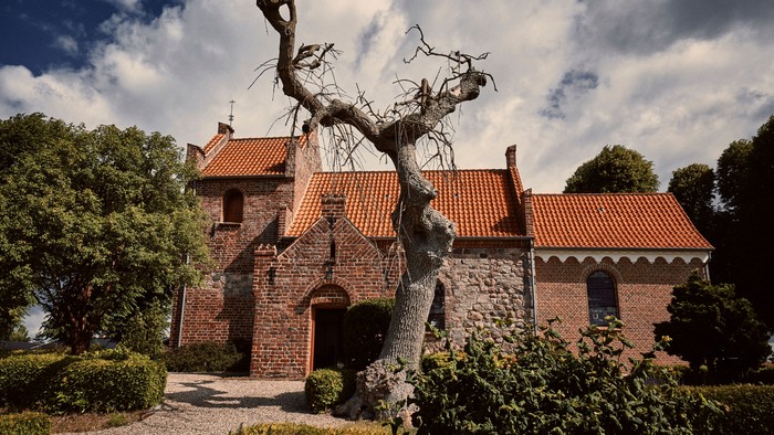 En gammel murstenskirke med røde tagtegn og en træstamme i forgrunden