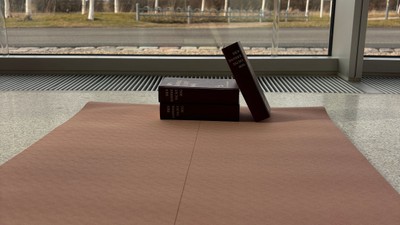 Moderne arbejdsplads med yogamåtte, bærbar computer og udsigt til det fri gennem store vinduer.