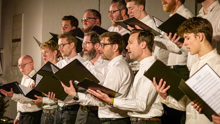 Det Danske Drengekors Mandskor ved julekoncerten 2025 i Lindevang Kirke.