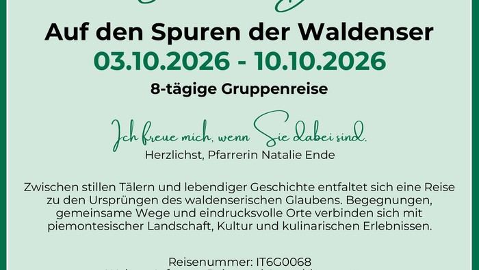 „Save the Date“-Plakat für eine 8-tägige Gruppenreise auf den Spuren der Waldenser-Geschichte im Piemont vom 3. bis 10. Oktober 2026.