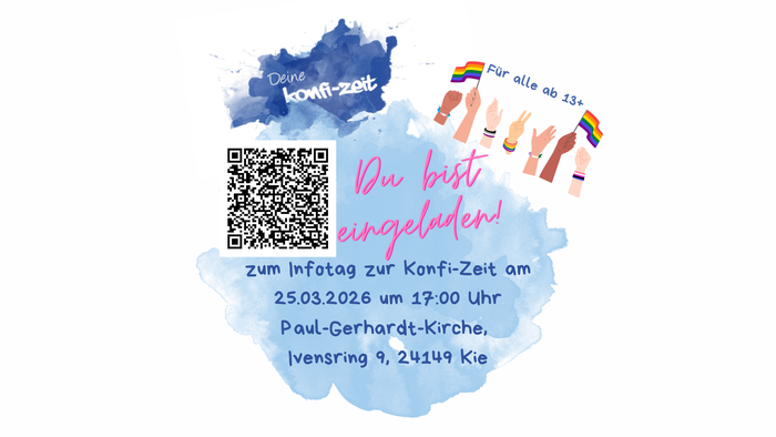 Einladungs-QR-Code für den Informationsabend zur LGBTQ+-Jugendkonferenz am 25. März 2026 in der Paul-Gerhardt-Kirche, Kiel.