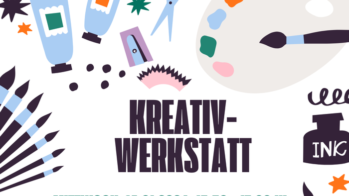 Kreativ-Workshop-Flyer: Zwei Basteltermine – Bilderrahmen gestalten und Tassen bemalen an festgelegten Wochentagen.