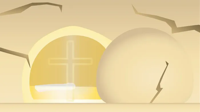 Ein leuchtender Tunnel mit Kreuz und ein gesprungener Ei