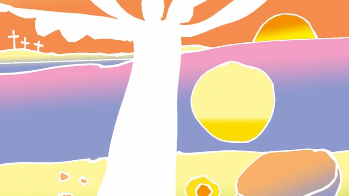 Ein weißer Baum vor einem Sonnenuntergang mit drei Kreuzen in der Ferne