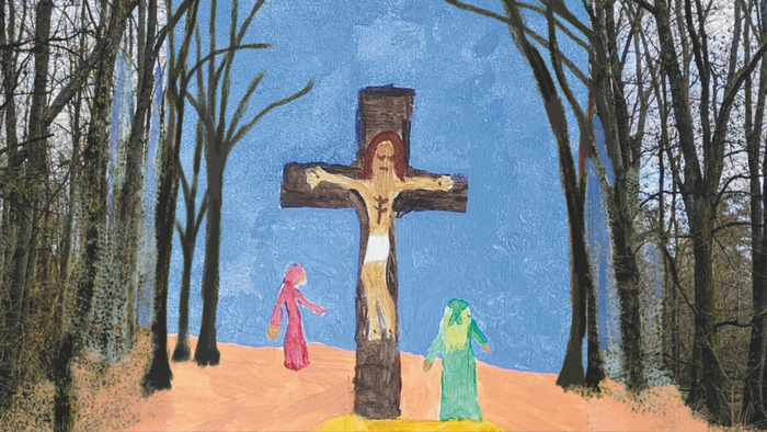 Ein Plakat, das einen Karfreitags-Weg der Kreuzwegstationen entlang eines malerischen Waldpfades bewirbt.