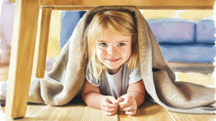 Kind unter dem Tisch mit Decke über dem Kopf