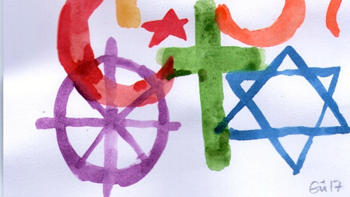 Bunte Aquarell-Symbole, die verschiedene religiöse und spirituelle Ikonen darstellen, darunter ein Kreuz, der Davidstern, Om und ein Rad.