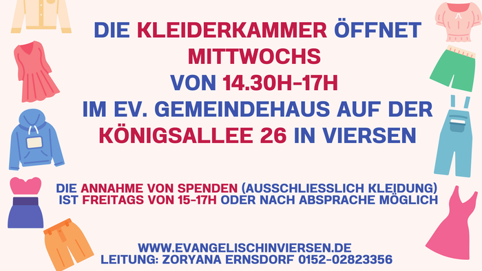 Informationen zu den Öffnungszeiten der Kleiderkammer sowie der Ansprechpartnerin