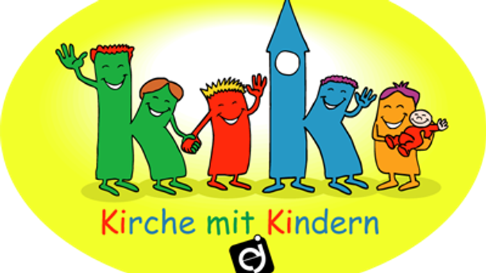 Vier bunte Kinderfiguren stehen vor einem blauen Turm, darunter steht 