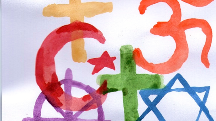 Bunte Aquarell-Symbole, die verschiedene religiöse und spirituelle Ikonen darstellen, darunter ein Kreuz, der Davidstern, Om und ein Rad.