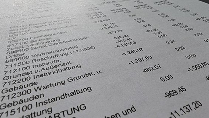 Das Bild zeigt eine Nahaufnahme eines gedruckten Dokuments mit tabellarischen Zahlen und Texten. Aufgeführt sind verschiedene Positionen, darunter Begriffe wie „Beschaffung“, „Instandhaltung“ oder „Gebäude“. Neben den Bezeichnungen stehen Geldbeträge, tei