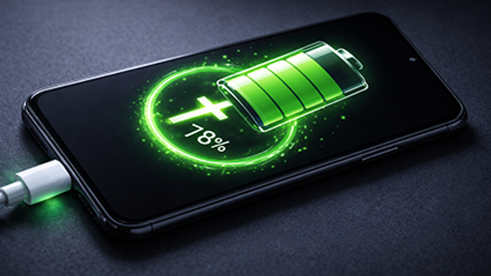 Smartphone wird geladen, leuchtendes Akku-Symbol zeigt 78 % Ladung und aktive Stromverbindung an.