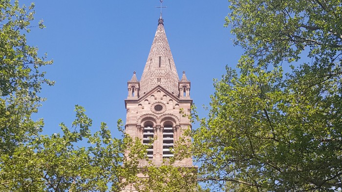Une église avec un clocher pointu entouré d'arbres verts sous un ciel bleu.