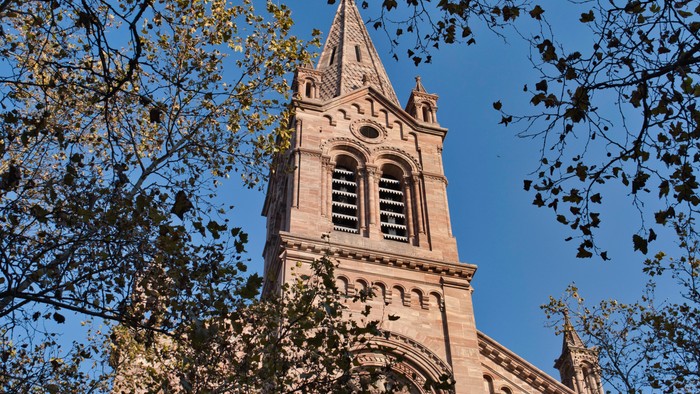 Tour d'église s'élevant au-dessus des arbres avec ciel bleu