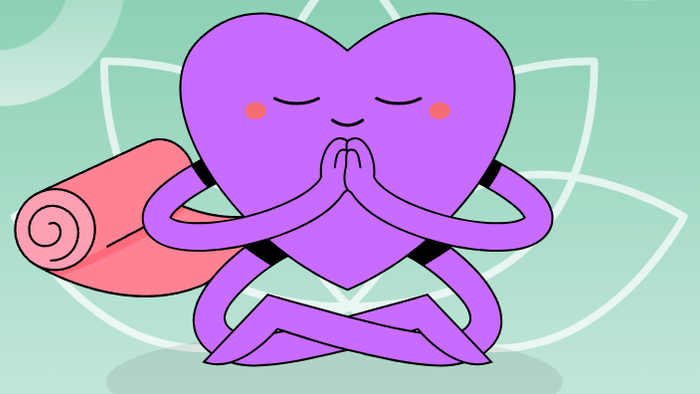 Eine fröhliche herzförmige Figur in Yoga-Pose mit einer Yogamatte, die für „Yoga Kurs bei Wilhelm“ wirbt.