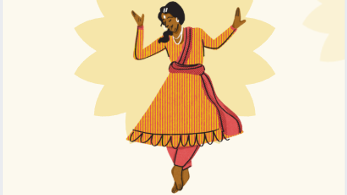 Eine Person in traditioneller Kleidung tanzt fröhlich in einer sonnenähnlichen Form.