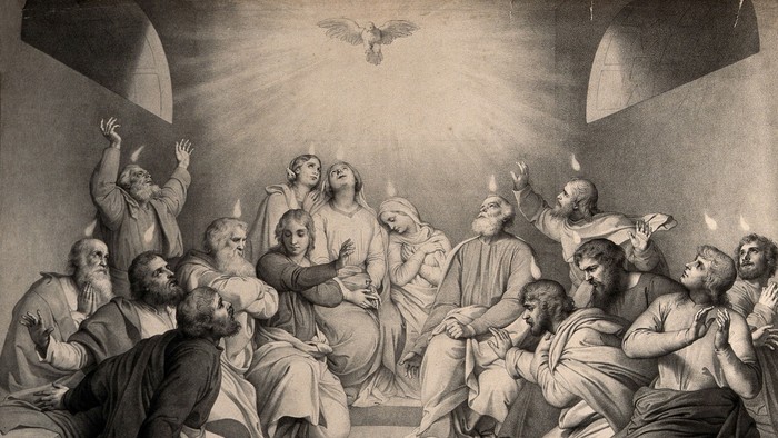 Religiöse Szene mit vielen Figuren, die beten und sich zum Himmel wenden