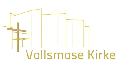 Logo for Vollsmose Kirke med en kirkesilhuet med et kors, designet i gult og brunt.