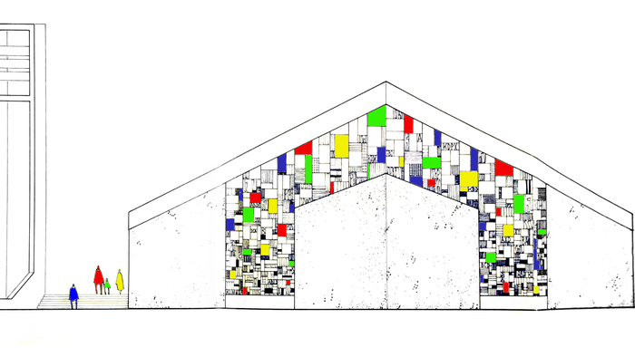 Das Bild zeigt einen Grundriss eines Gebäudes mit farbcodierten Bereichen und Personenansichten.