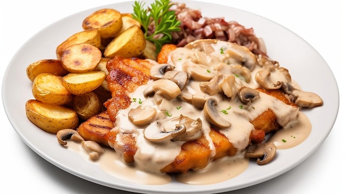 Lækkert kylling i cremet champignonsovs med ovnbagte kartofler og en side af frikadeller.