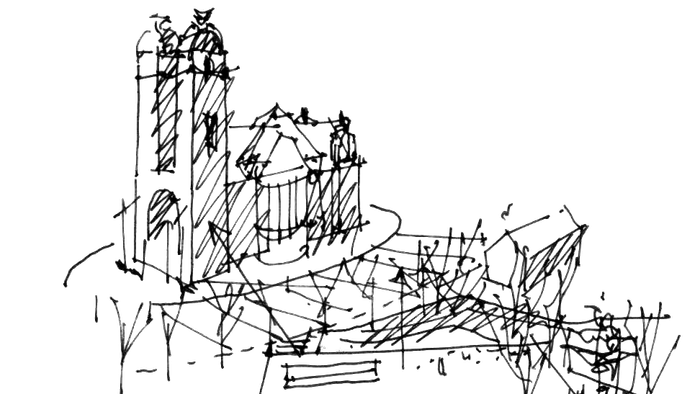Das Bild zeigt eine skizzenhafte Darstellung eines komplexen Gebäudes mit zahlreichen Ebenen und Brücken.