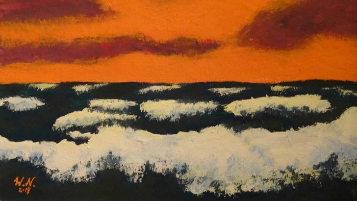 Gemälde mit Meer und orangem Himmel