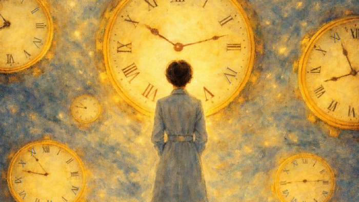 eine Wissenschaftlerin steht mit dem Rücken zum Betrachtenden und blickt auf goldene Uhren, die im Himmel hängen. Sie steht auf einem Planeten.