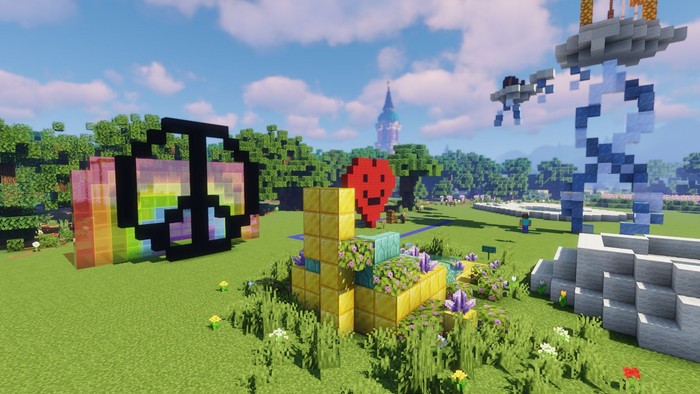 Eine lebendige Minecraft-Landschaft mit bunten Blockstrukturen und pixeligen Architekturdesigns auf üppigem grünem Gelände.