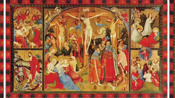 Mittelalterliche religiöse Kunst, die verschiedene biblische Szenen im Triptychon-Format darstellt.