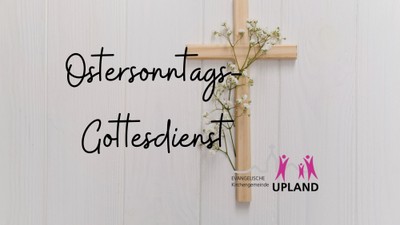 Oster-Sonntagsgottesdienst-Ankündigung mit einem hölzernen Kreuz, das mit Blumen geschmückt ist, und Kirchen-Branding.