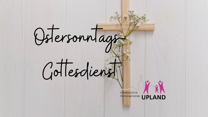Oster-Sonntagsgottesdienst-Ankündigung mit einem hölzernen Kreuz, das mit Blumen geschmückt ist, und Kirchen-Branding.