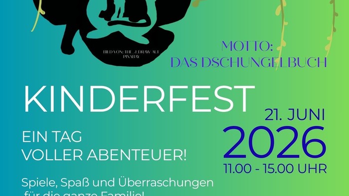 Einladung zum Kinderfest unter dem Motto Das Dschungelbuch. auf Grünem Grund