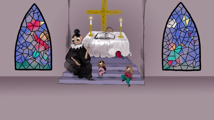 En fantasiful kirke scene viser en præst og livlige børn, der knæler foran et pyntet alter med farvede glasvinduer.
