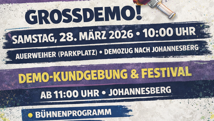 Plakat zur Ankündigung einer großen Anti-AfD-Jugenddemonstration, Kundgebung und eines Festivals in Fulda am 28. März 2026.