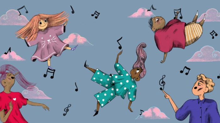 Fire dansende piker og en gutt i en musikalsk himmel