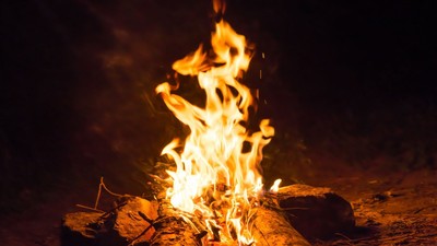 Lebhafte Lagerfeuerflammen, die hell zwischen Holzscheiten in einer rustikalen Outdoor-Umgebung flackern.