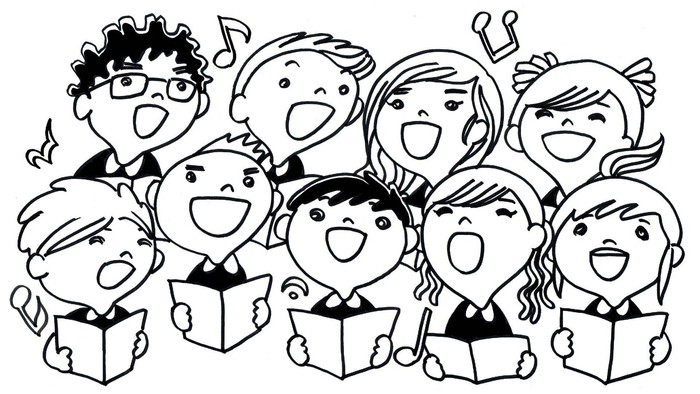 Børn, der synger i et kor og holder nodeark.