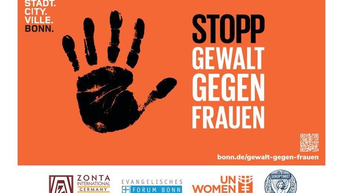 Plakat gegen Gewalt an Frauen mit einem schwarzen Handabdruck und deutschem Text.