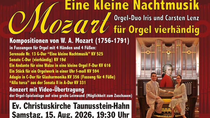 Plakat kündigt Mozart-Orgelduo-Konzert mit vierhändigen Kompositionen am 15. August 2026 in der Kirche Taunusstein-Hahn an.