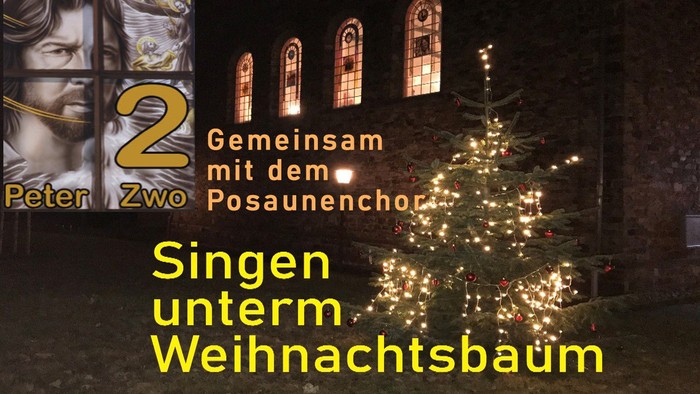 Weihnachtskonzert-Ankündigung mit einem geschmückten Baum und einer Einladung zum Singen unter dem Weihnachtsbaum.
